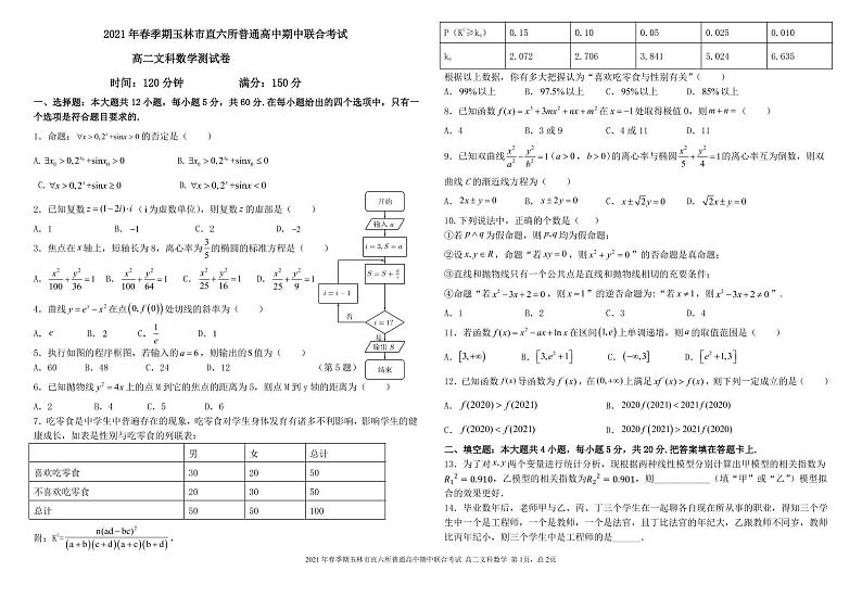 2021省玉林直六所普通高中高二下学期期中联合考试数学（文）试卷PDF版含答案第1页