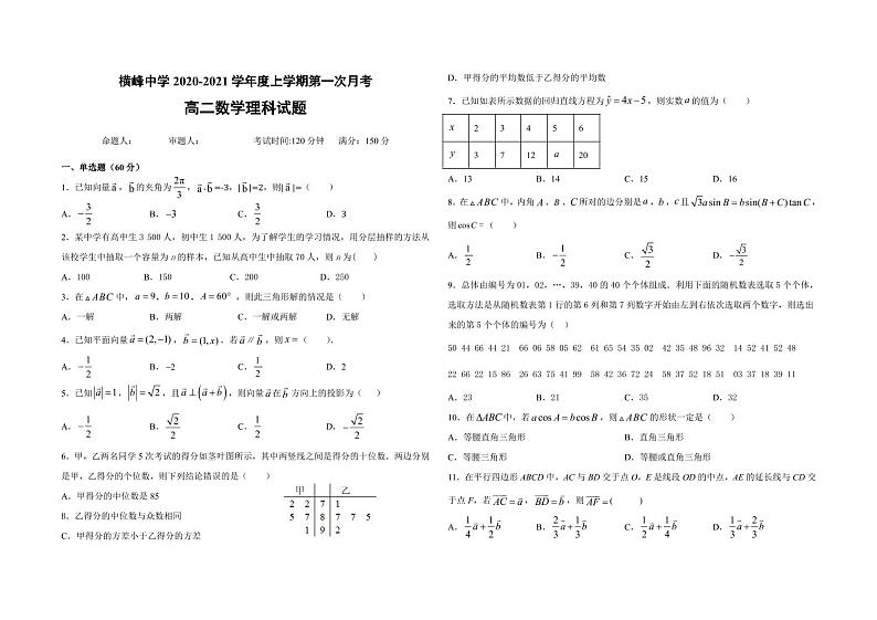 2021上饶横峰中学高二上学期第一次月考数学（理）试题（可编辑）PDF版含答案第1页