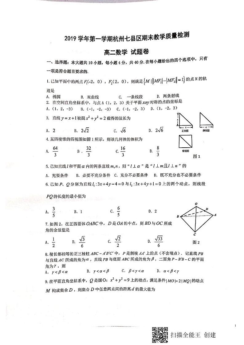 2020杭州七县区高二上学期期末数学试题PDF版含答案第1页