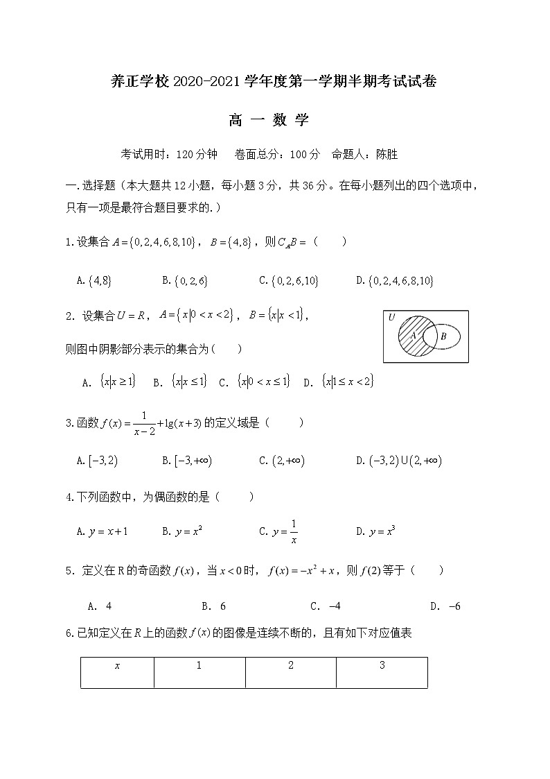 2021贵阳清镇养正学校高一上学期期中考试数学试题含答案01
