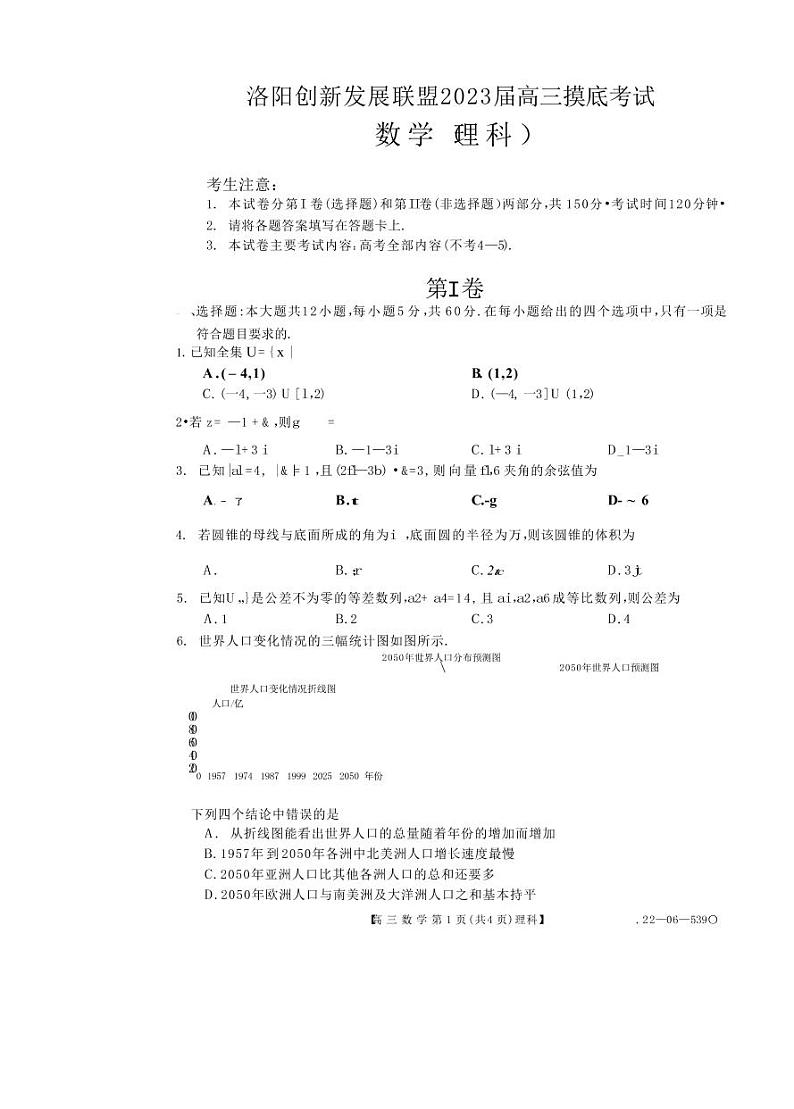 洛阳创新发展联盟2023届高三摸底考试理科数学试卷第1页