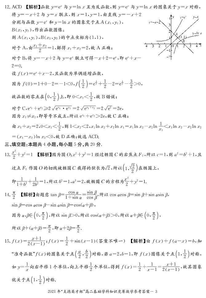 2021年炎德英才长郡高二基础学科知识竞赛数学试卷及参考答案03