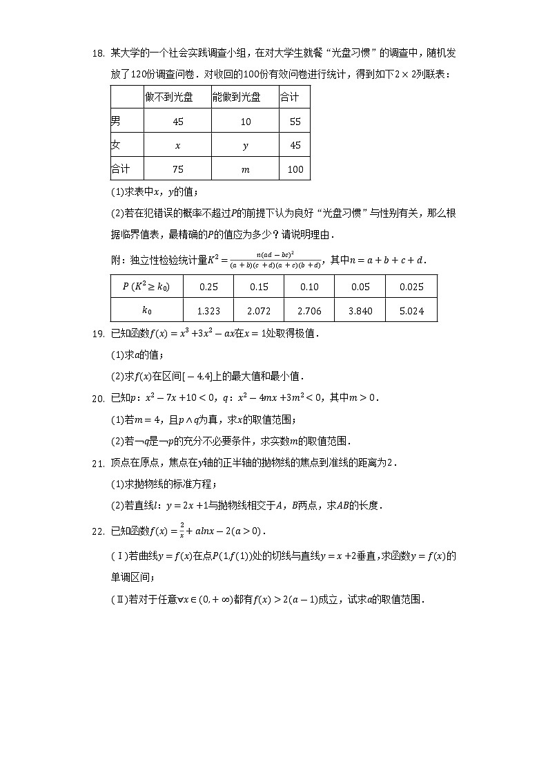2021-2022学年青海省西宁市大通县、湟源县高二（下）期末数学试卷（文科）（Word解析版）03