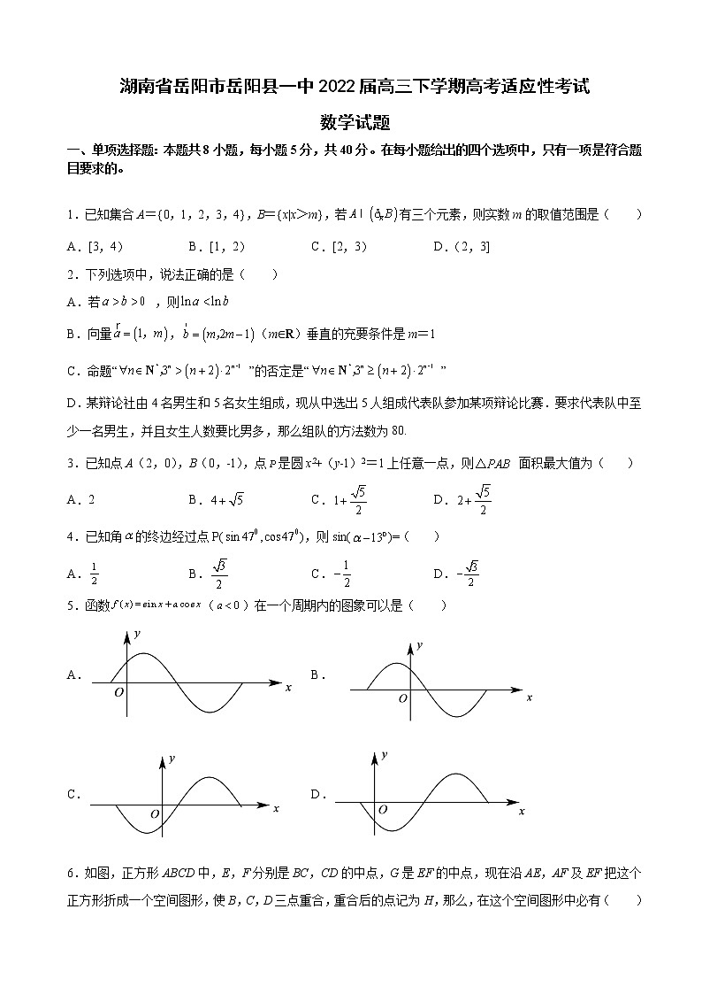 2022届湖南省岳阳市岳阳县一中高三下学期高考适应性考试数学试题含解析01