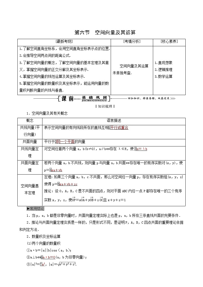 人教版高考数学一轮复习第8章立体几何第6节空间向量及其运算学案理含解析01