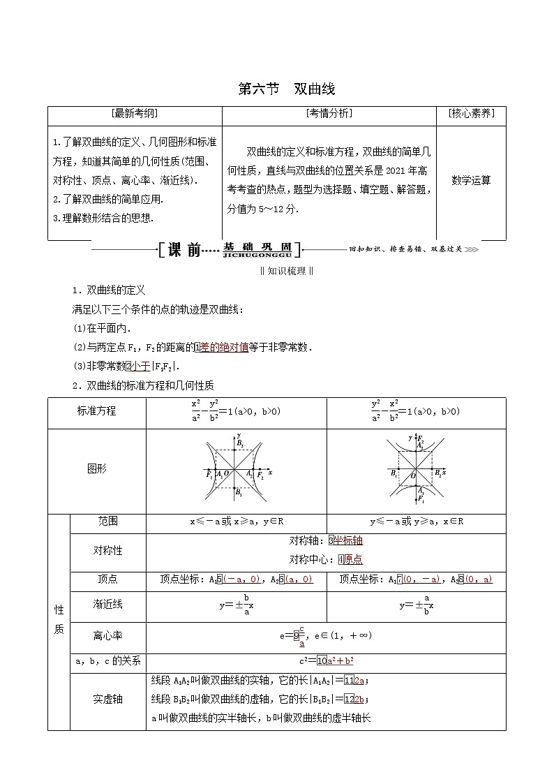 人教版高考数学一轮复习第9章解析几何第6节双曲线学案理含解析01
