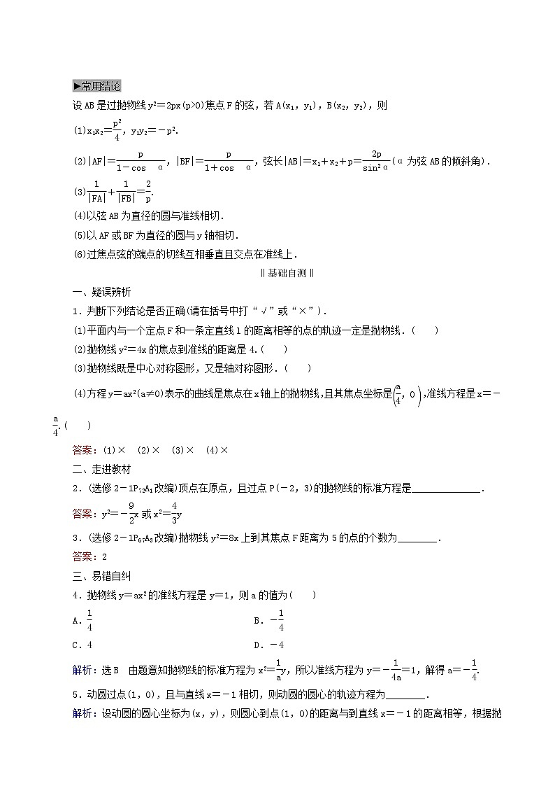 人教版高考数学一轮复习第9章解析几何第7节抛物线学案理含解析第2页