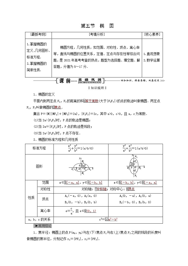 人教版高考数学一轮复习第9章解析几何第5节椭圆学案理含解析01