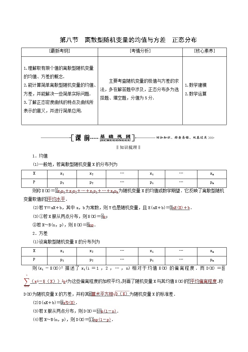 人教版高考数学一轮复习第11章计数原理概率随机变量及其分布第8节离散型随机变量的均值与方差正态分布学案理含解析01