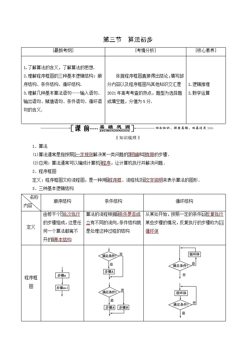 人教版高考数学一轮复习第12章推理与证明算法复数第3节算法初步学案理含解析01
