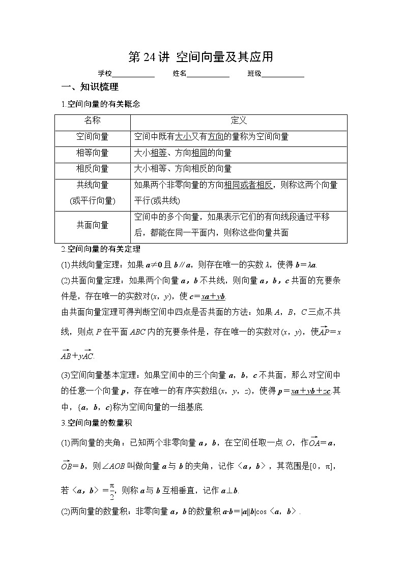 第24讲 空间向量及其应用（讲义）-2023年高考一轮复习精讲精练必备第1页