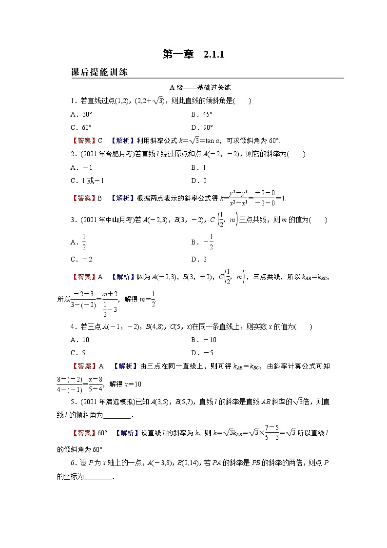 人教A版（2019）高中数学选择性必修第一册 2.1.1　倾斜角与斜率 PPT课件+同步习题01