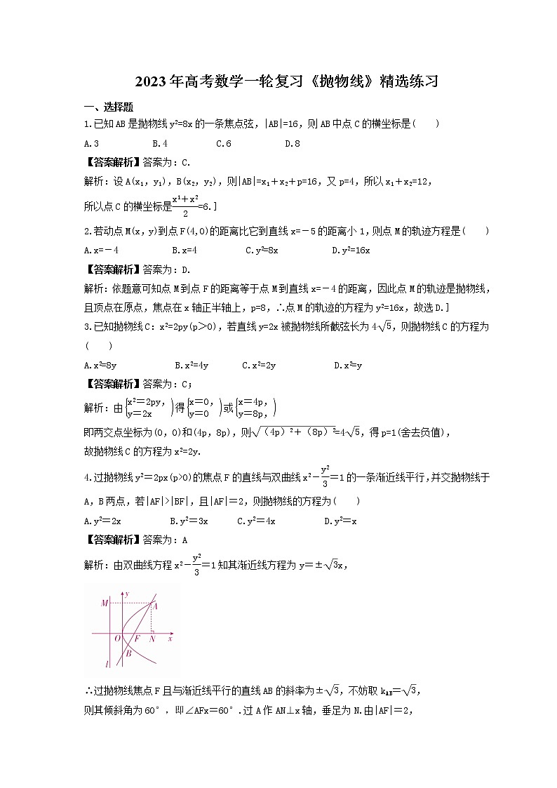 2023年高考数学一轮复习《抛物线》精选练习（教师版）第1页