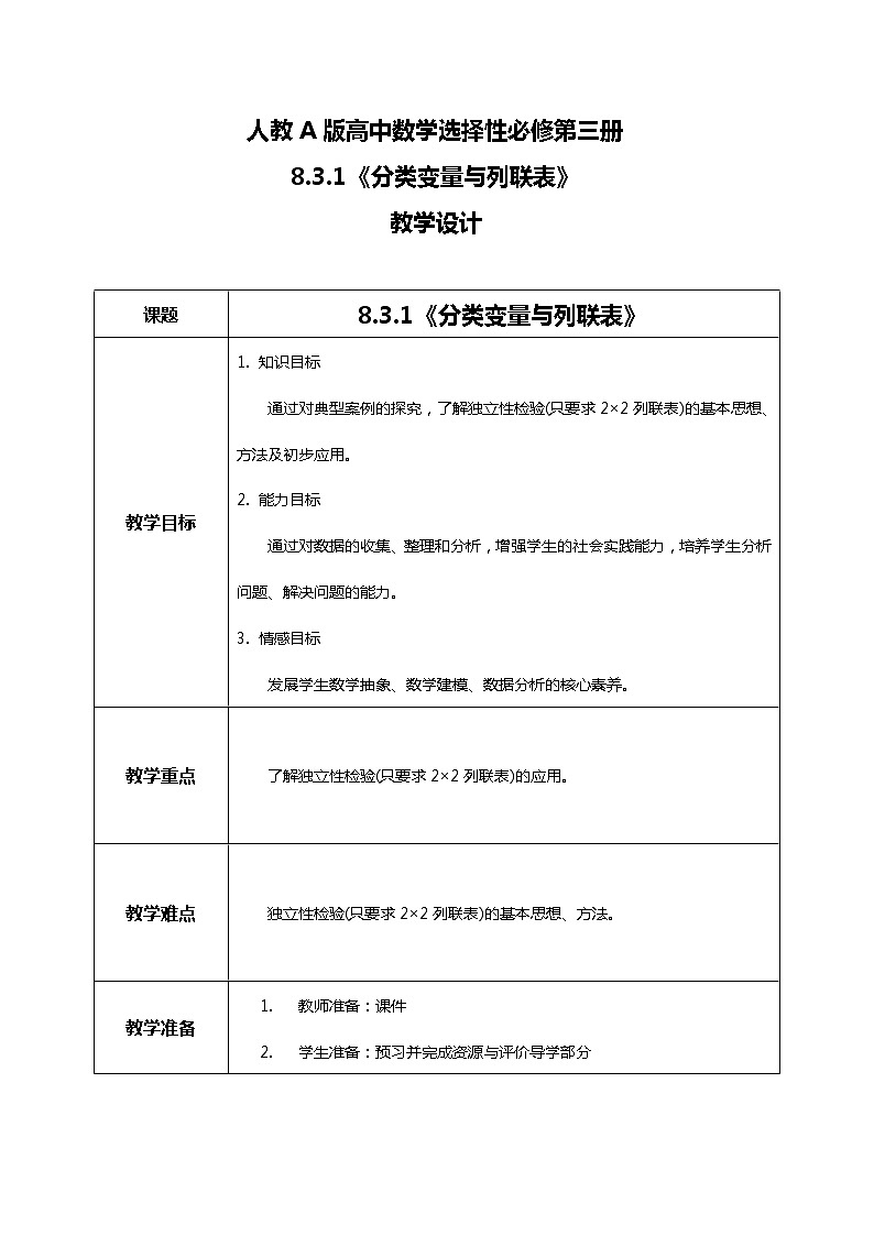 8.3.1 分类变量与列联表 课件+教学设计01
