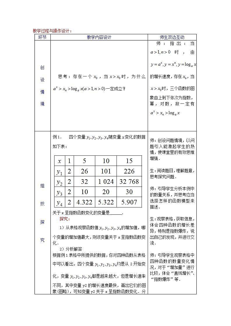 第四章指数函数与对数函数4.4对数函数4.4.3不同函数增长的差异教案新人教A版必修第一册 教案02
