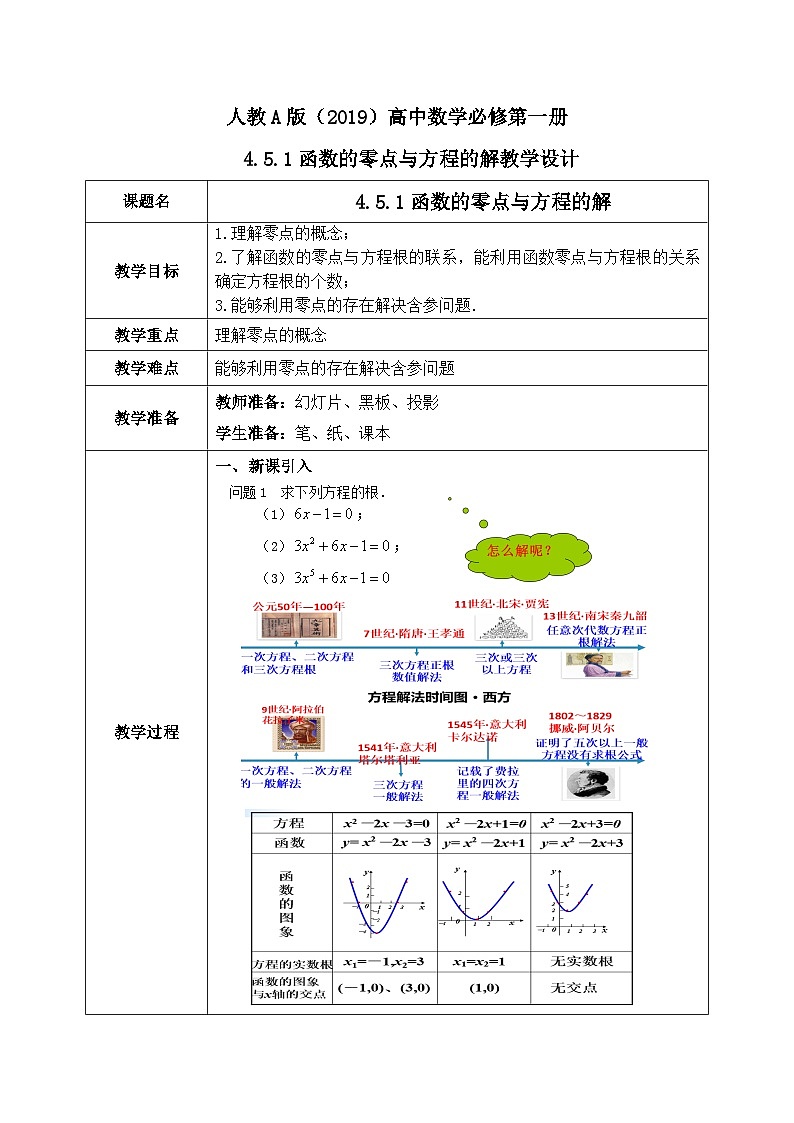 必修第一册高一上数学第四章4.5.1《 函数的零点与方程的解》课件+教案01