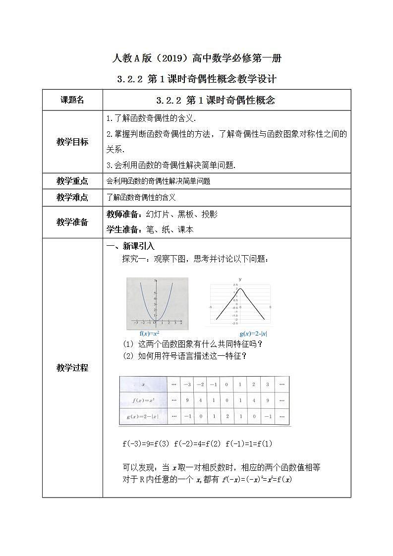 必修第一册高一上数学第三章3.2.2《第1课时函数的奇偶性》课件+教案01