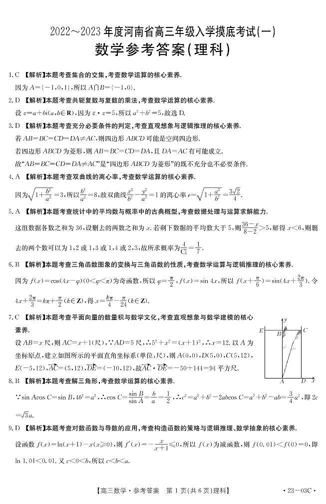 2022-2023年度河南高三入学摸底考试——理科数学答案第1页