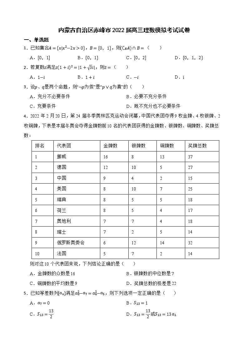 内蒙古自治区赤峰市2022届高三理数模拟考试试卷及答案第1页