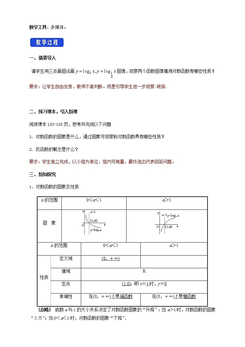 高中数学必修一 4.4.2 对数函数的图像和性质 教学设计新02