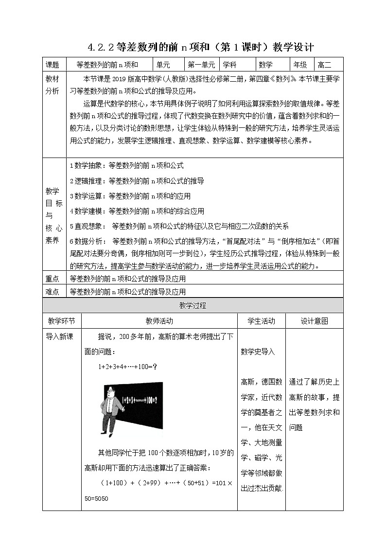 高中数学选择性必修二 4.2.2等差数列n项和（第1课时） 教案01