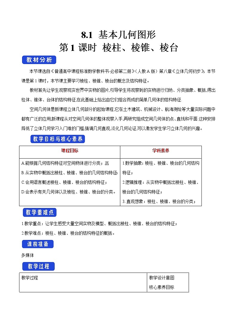 高中数学必修二  8.1 基本几何图形（第1课时）棱柱、棱锥、棱台 教学设计第1页