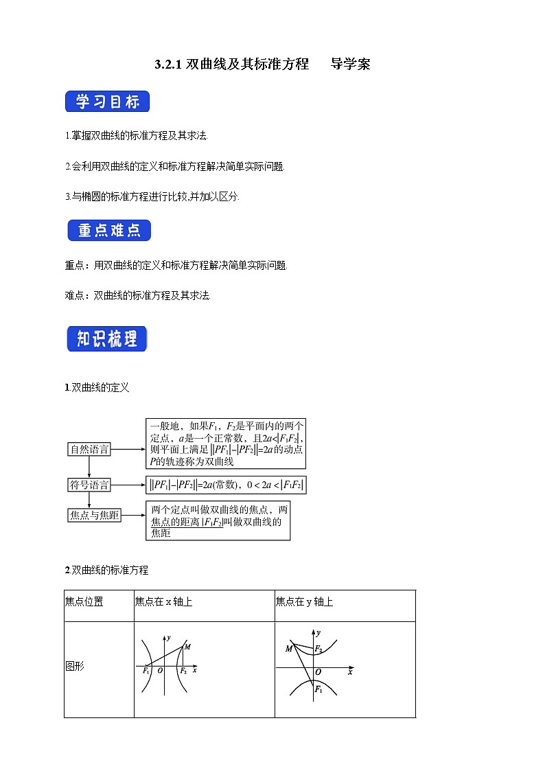 高中数学选择性必修一  3.2.1 双曲线及其标准方程 导学案01