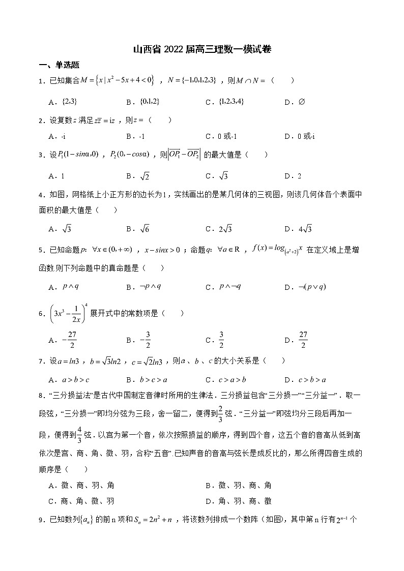 山西省2022届高三理数一模试卷及答案01