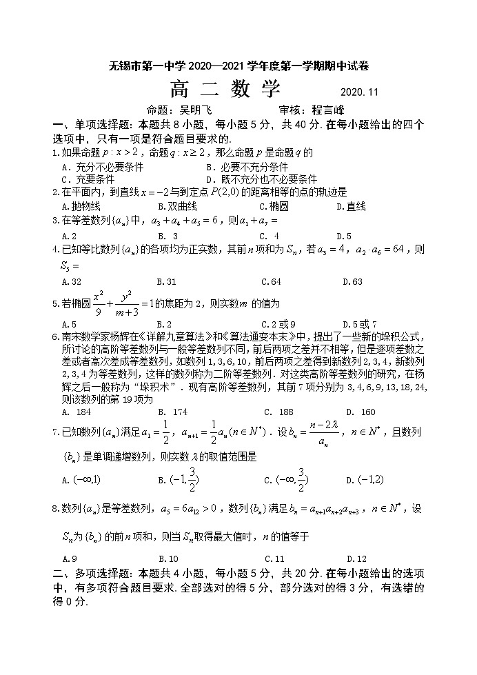高中数学选择性必修一  江苏省无锡市第一中学-2021学年度第一学期高二数学期中试卷（含答案）第1页