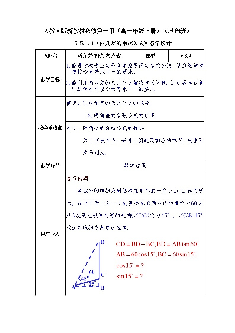 第5章+5.1.1两角差的余弦公式 基础班课件+教案01