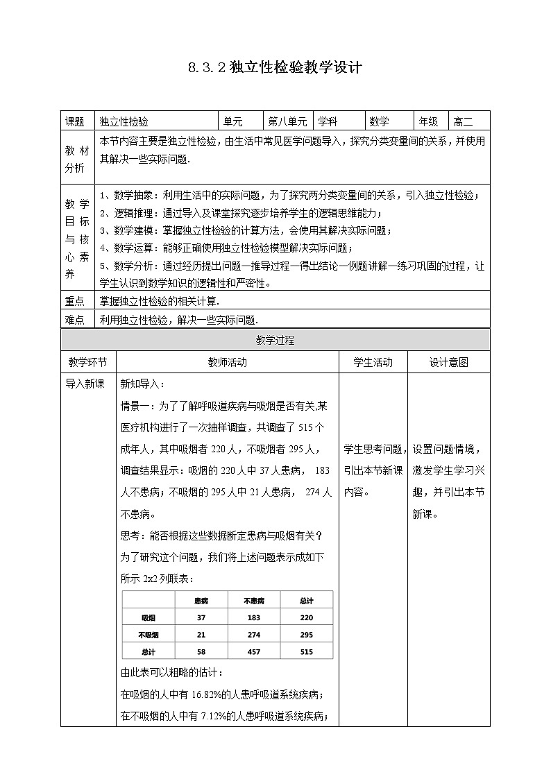 高中数学选择性必修三 8.3.2  独立性检验 教案01
