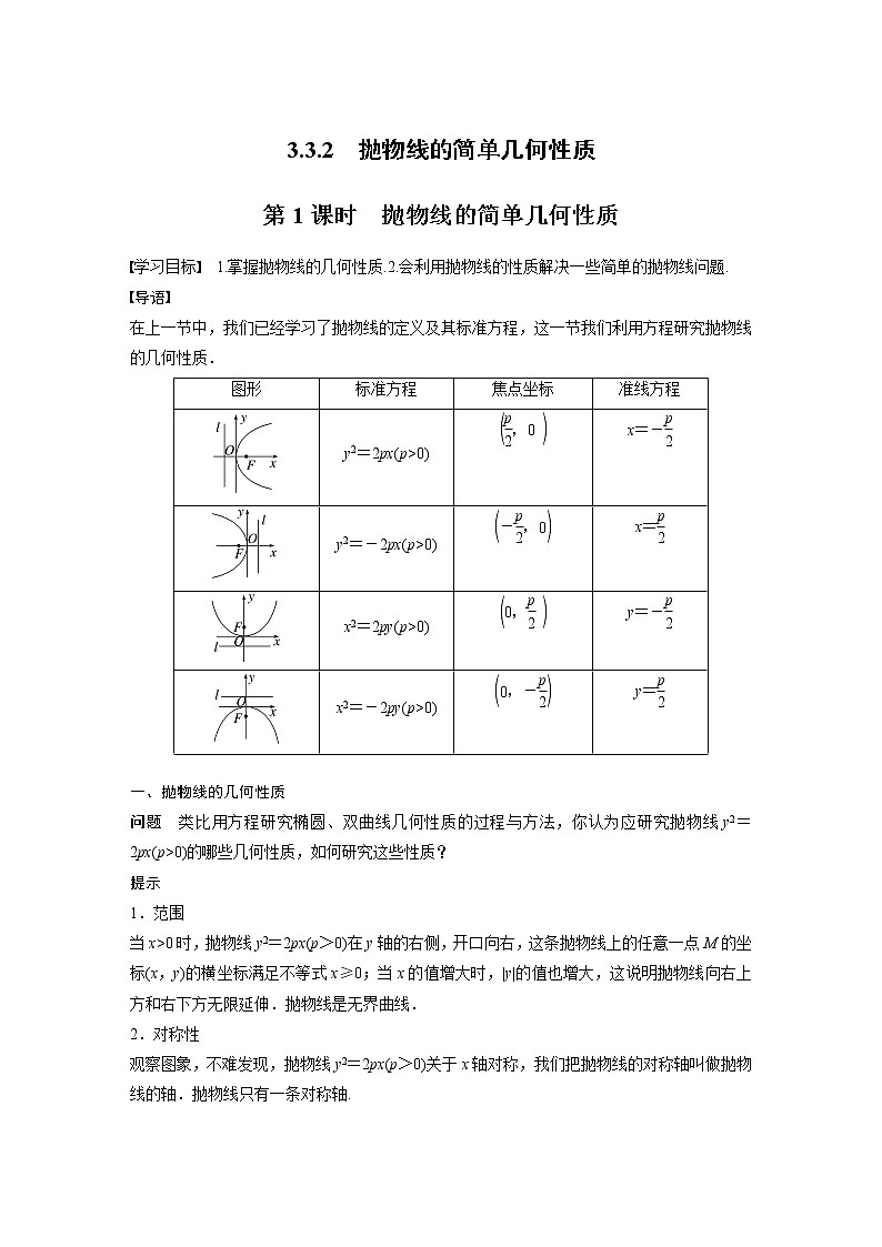 3.3.2　第1课时　抛物线的简单几何性质第1页