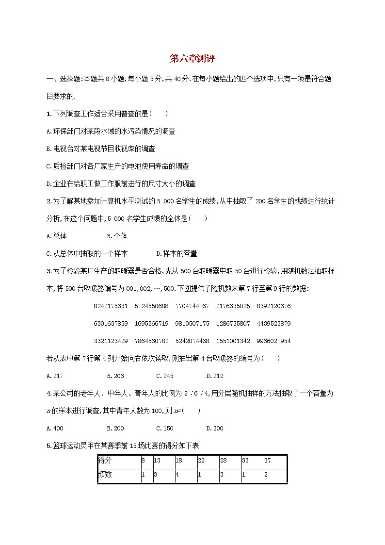 2022_2023学年新教材高中数学北师大版必修第一册第六章统计测评试题第1页