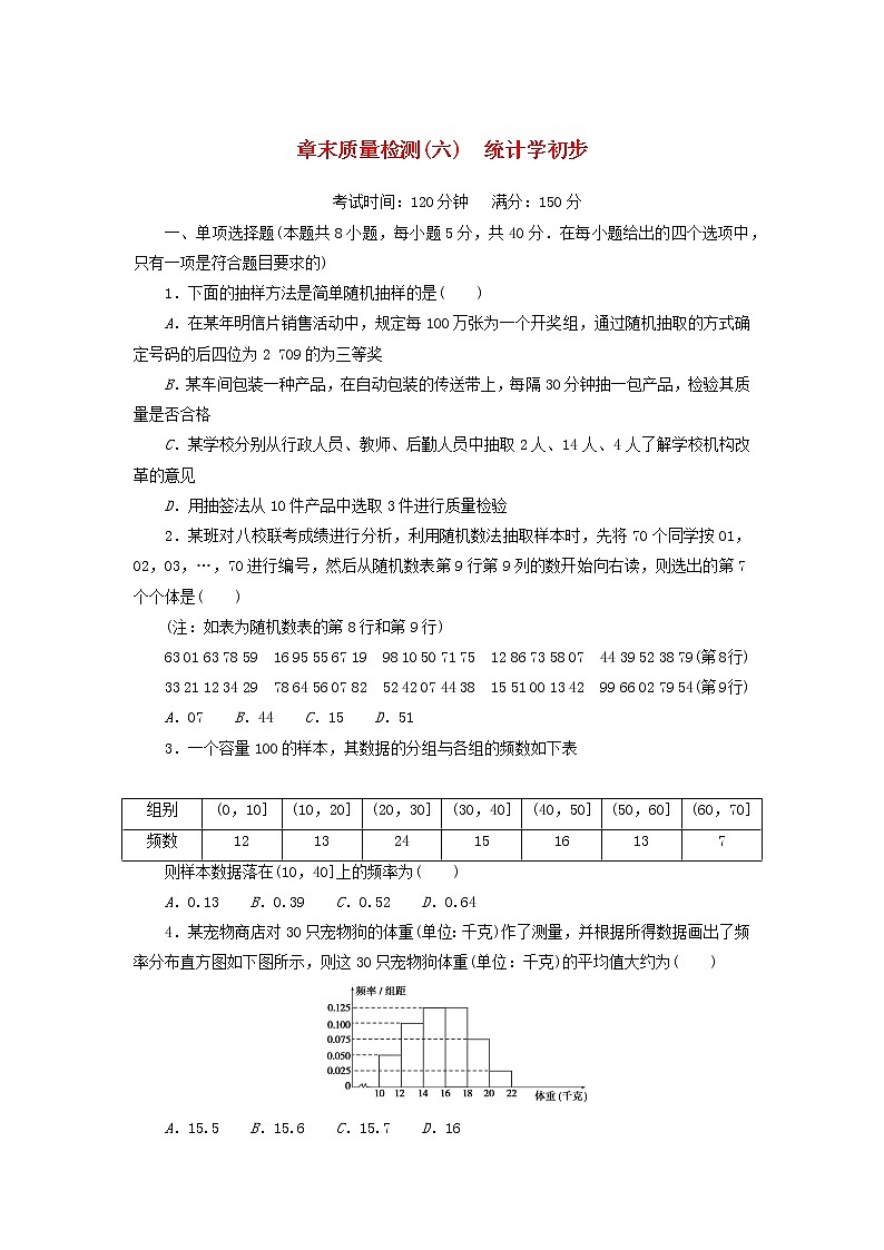 2022_2023学年新教材高中数学湘教版必修第一册章末质量检测六统计学初步第1页