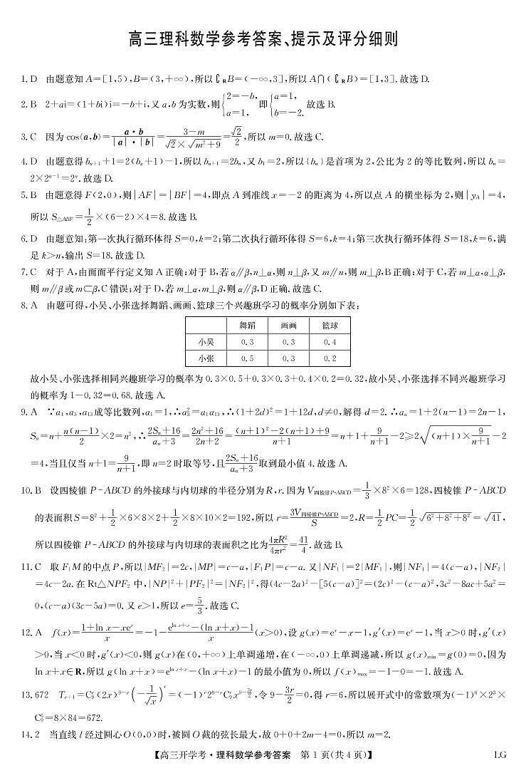 2023九师联盟（老高考）高三上学期9月开学联考数学（理）试题扫描版含解析第2页