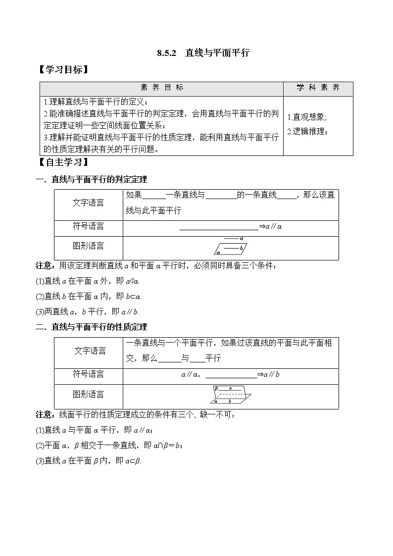 高中数学必修二  8.5.2 直线与平面平行学案01
