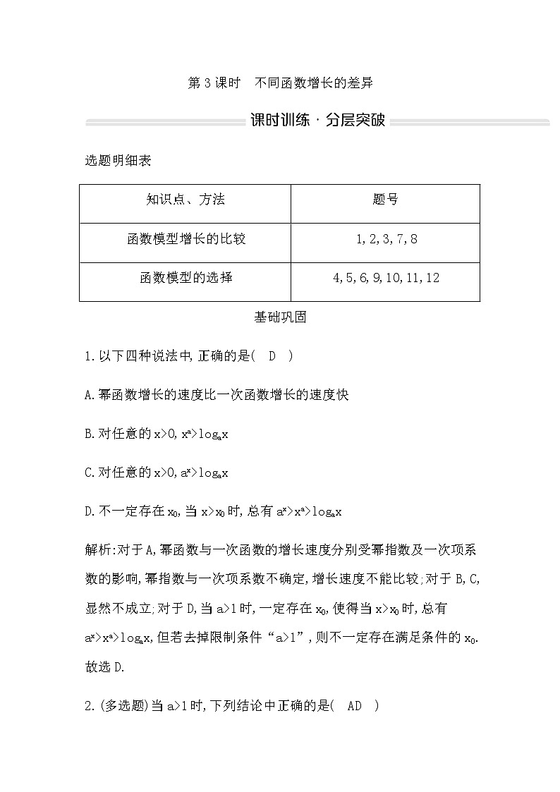 人教A版高中数学必修第一册4.4第3课时不同函数增长的差异作业含答案01