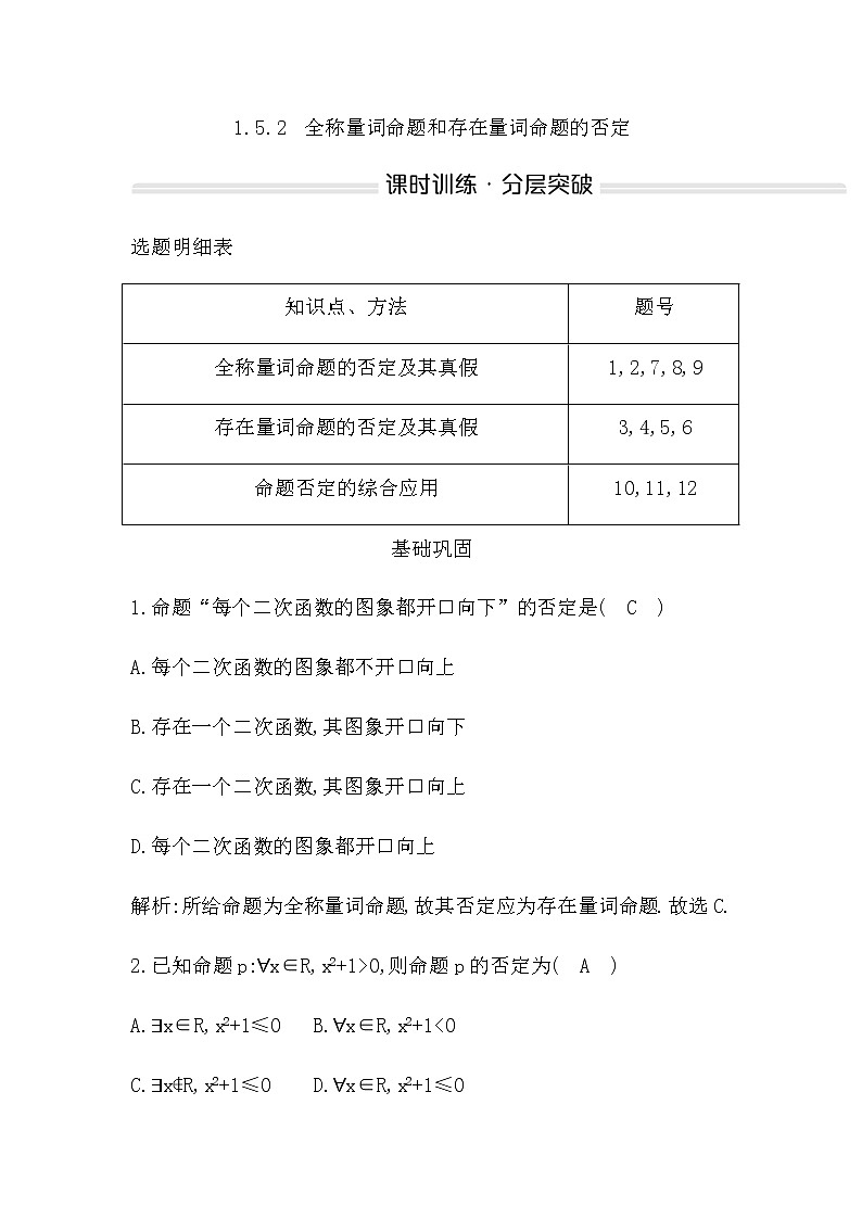 人教A版高中数学必修第一册1.5.2全称量词命题和存在量词命题的否定作业含答案第1页