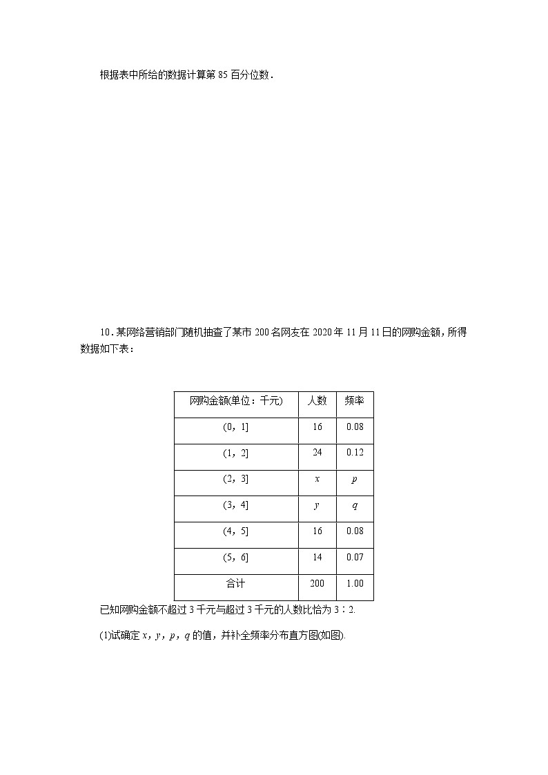 湘教版高中数学必修第一册课时作业用频率分布直方图估计总体分布百分位数(五十六)无答案03