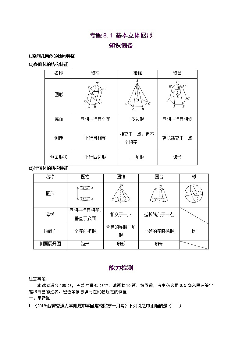 高中数学必修二  8.1 基本立体图形-同步培优专练01