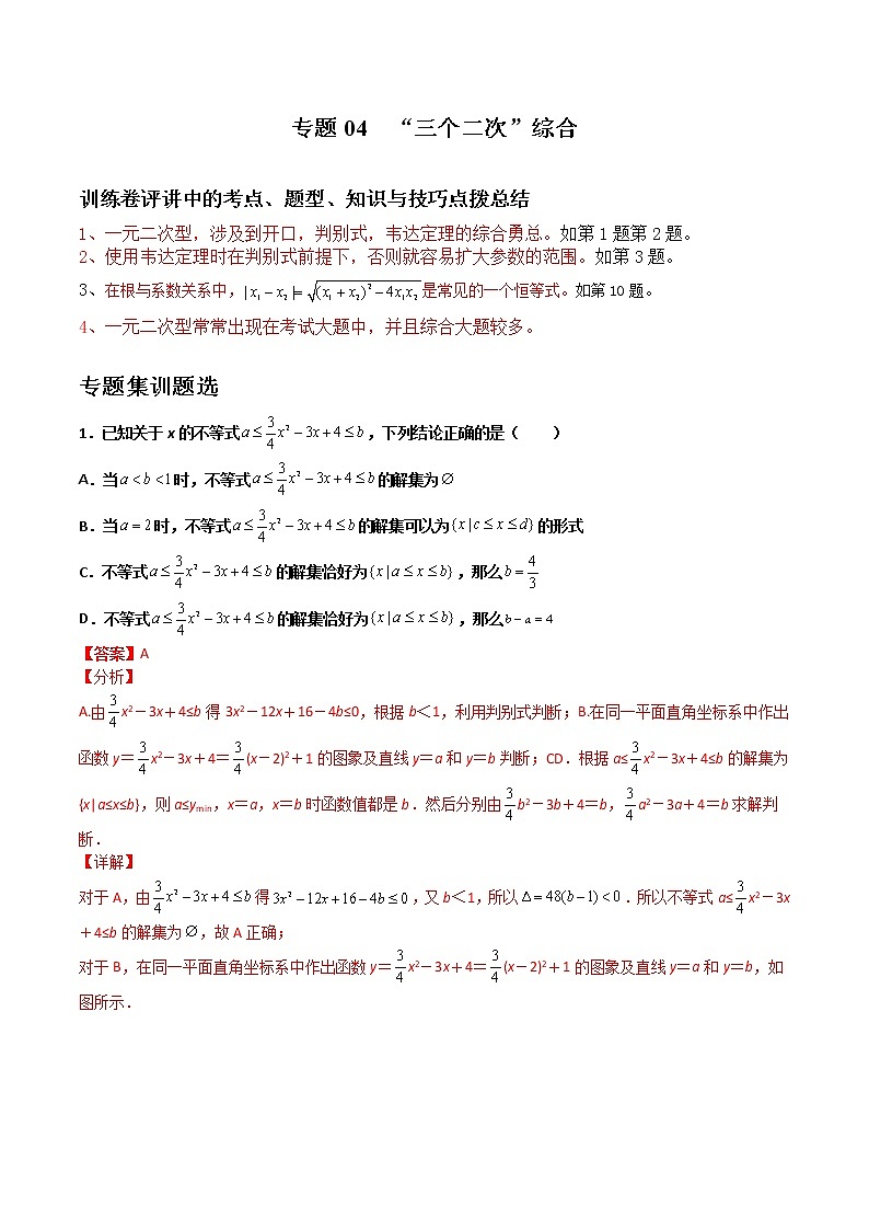 专题04  “三个二次”综合-【备考集训】2022-2023学年高一数学上学期专题训练+期中期末全真模拟卷(人教A版2019必修第一册)(解析版)第1页