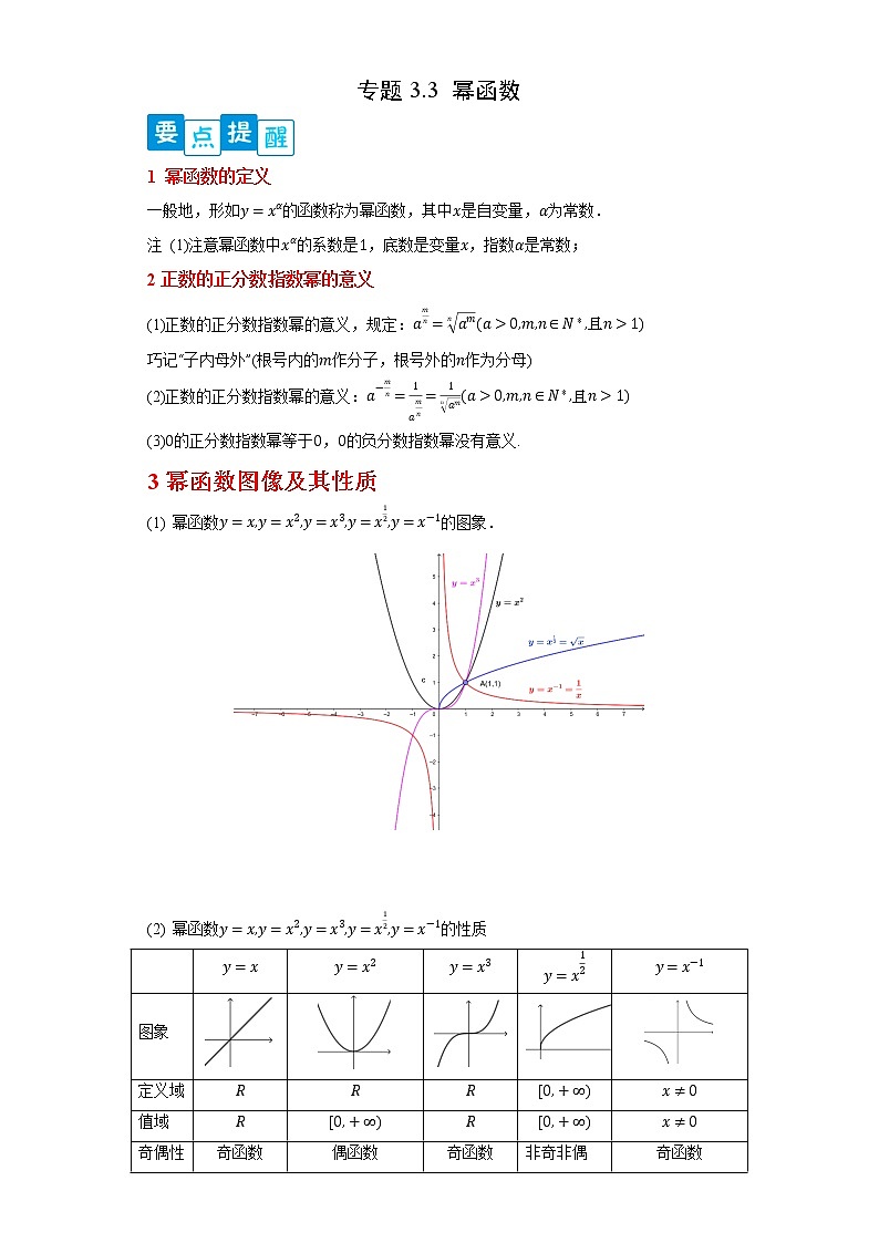 专题3.3 幂函数- 2022-2023学年高一数学阶段性复习精选精练（人教A版2019必修第一册）01