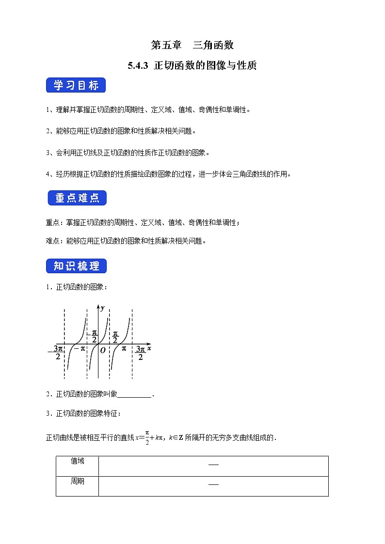高中数学必修一 5.4.3 正切函数的图像与性质 导学案01
