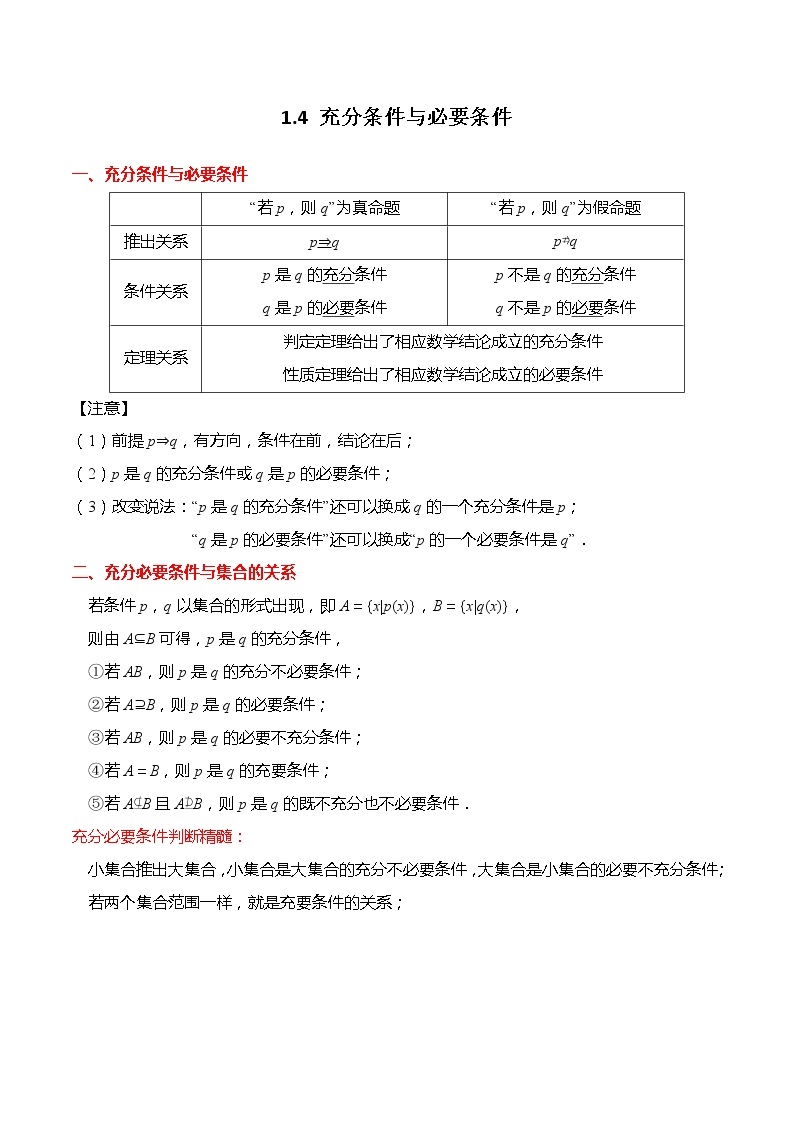 1.4 充分条件与必要条件-【题型分类归纳】2022-2023学年高一数学上学期同步讲与练(人教A版2019必修第一册)01