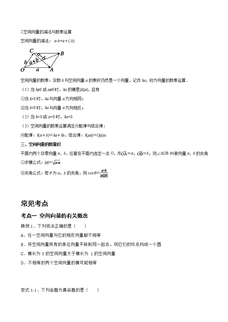 1.1.1 空间向量及其运算-2022-2023学年高二数学上学期同步知识梳理+考点精讲精练(人教B版2019选择性必修第一册)02