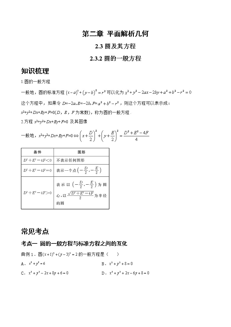 2.3.2 圆的一般方程-2022-2023学年高二数学上学期同步知识梳理+考点精讲精练(人教B版2019选择性必修第一册)01