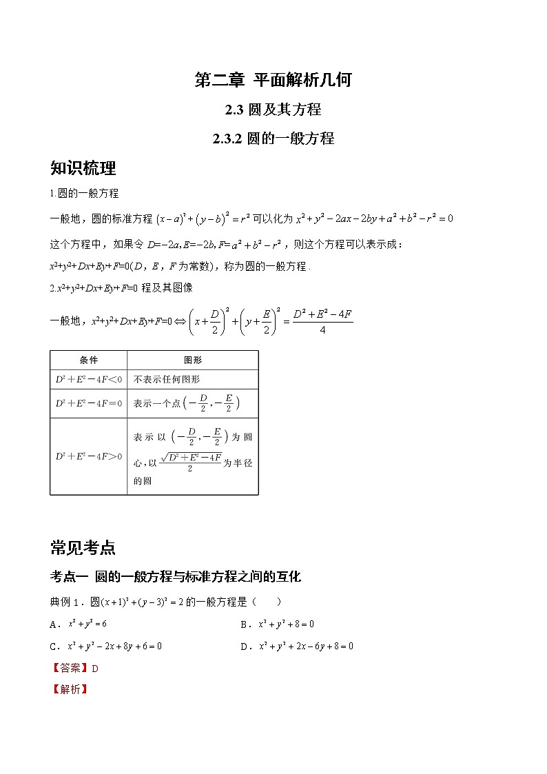 2.3.2 圆的一般方程-2022-2023学年高二数学上学期同步知识梳理+考点精讲精练(人教B版2019选择性必修第一册)01