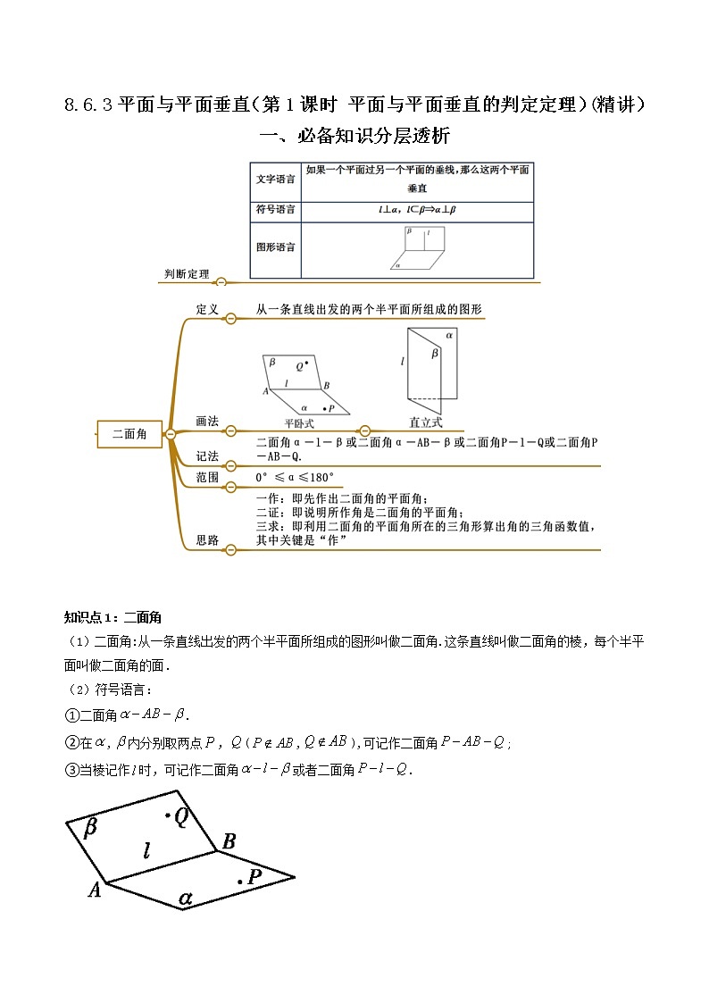 8.6.3平面与平面垂直（第1课时 平面与平面垂直的判定定理）(精讲）（原卷版）第1页
