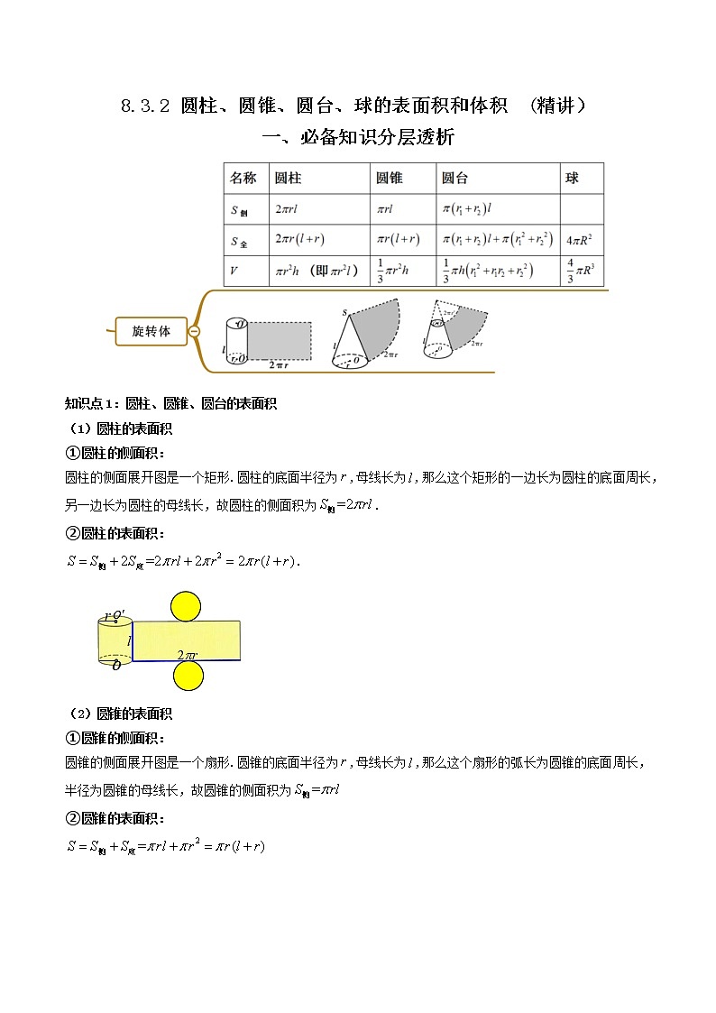 8.3.2 圆柱、圆锥、圆台、球的表面积和体积  (精讲+精练）-【精讲精练】2022-2023学年高一数学同步精讲精练（人教A版2019必修第二册）01