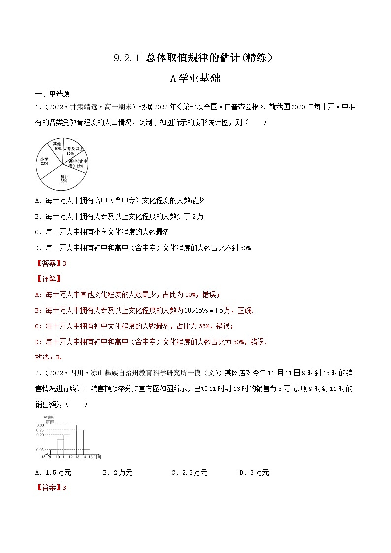 9.2.1 总体取值规律的估计(精练）（解析版）第1页